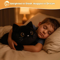 SQEQE weighted black cat plush on desk as a calming desk companion.