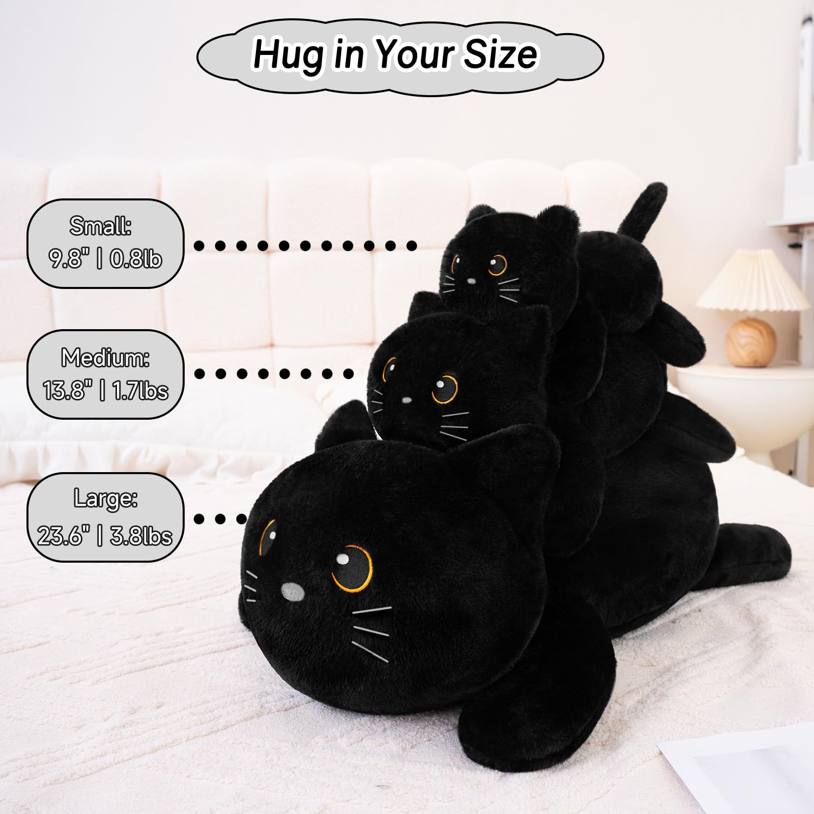SQEQE weighted black cat plush on lap demonstrates soothing, snug support