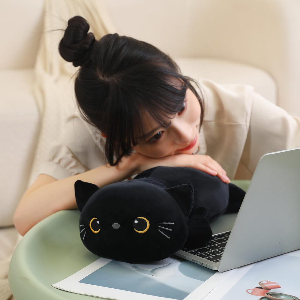 SQEQE weighted black cat plush available in multiple sizes for varied spaces.