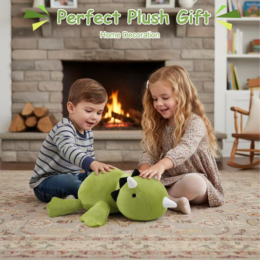 SQEQE weighted dinosaur plush resting on bed provides comforting pillow-like support.