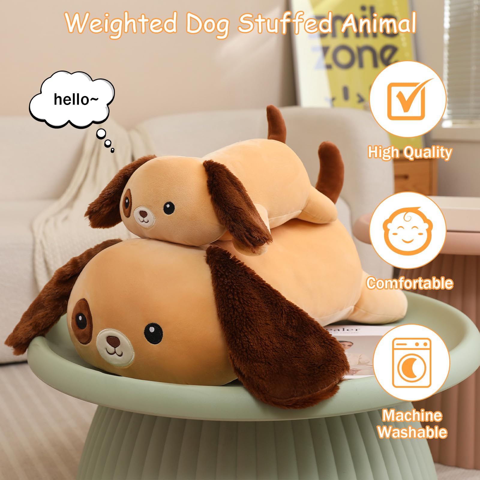SQEQE weighted dog plush, 13.8-inch brown, comforting reading pillow