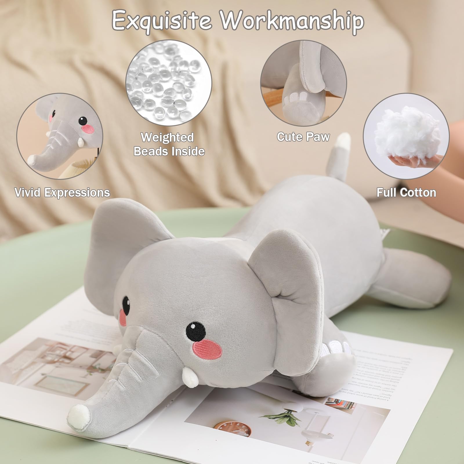 SQEQE weighted elephant plush 60cm oversized hug buddy for naps
