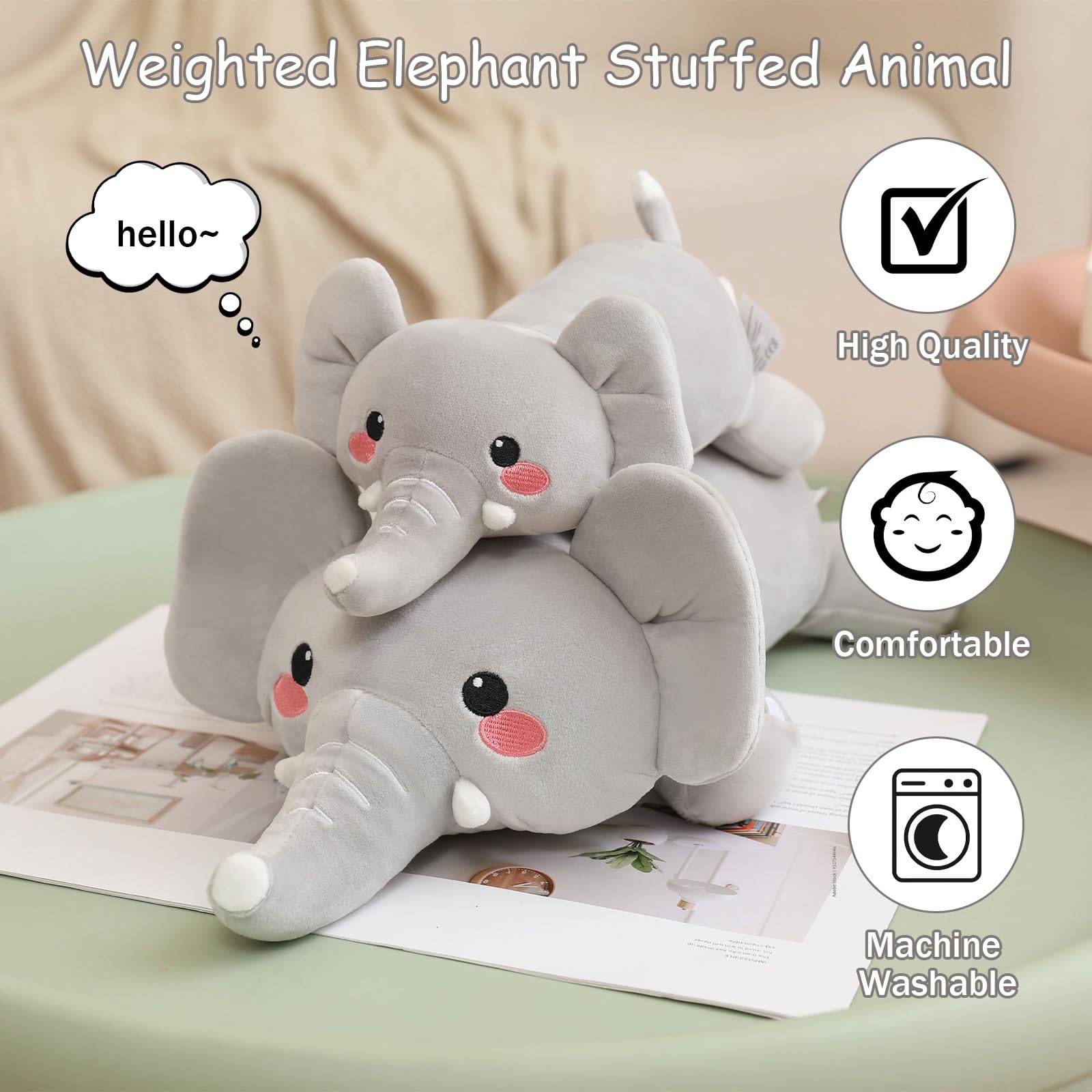SQEQE weighted elephant plush close-up—soft fabric for gentle snuggles.