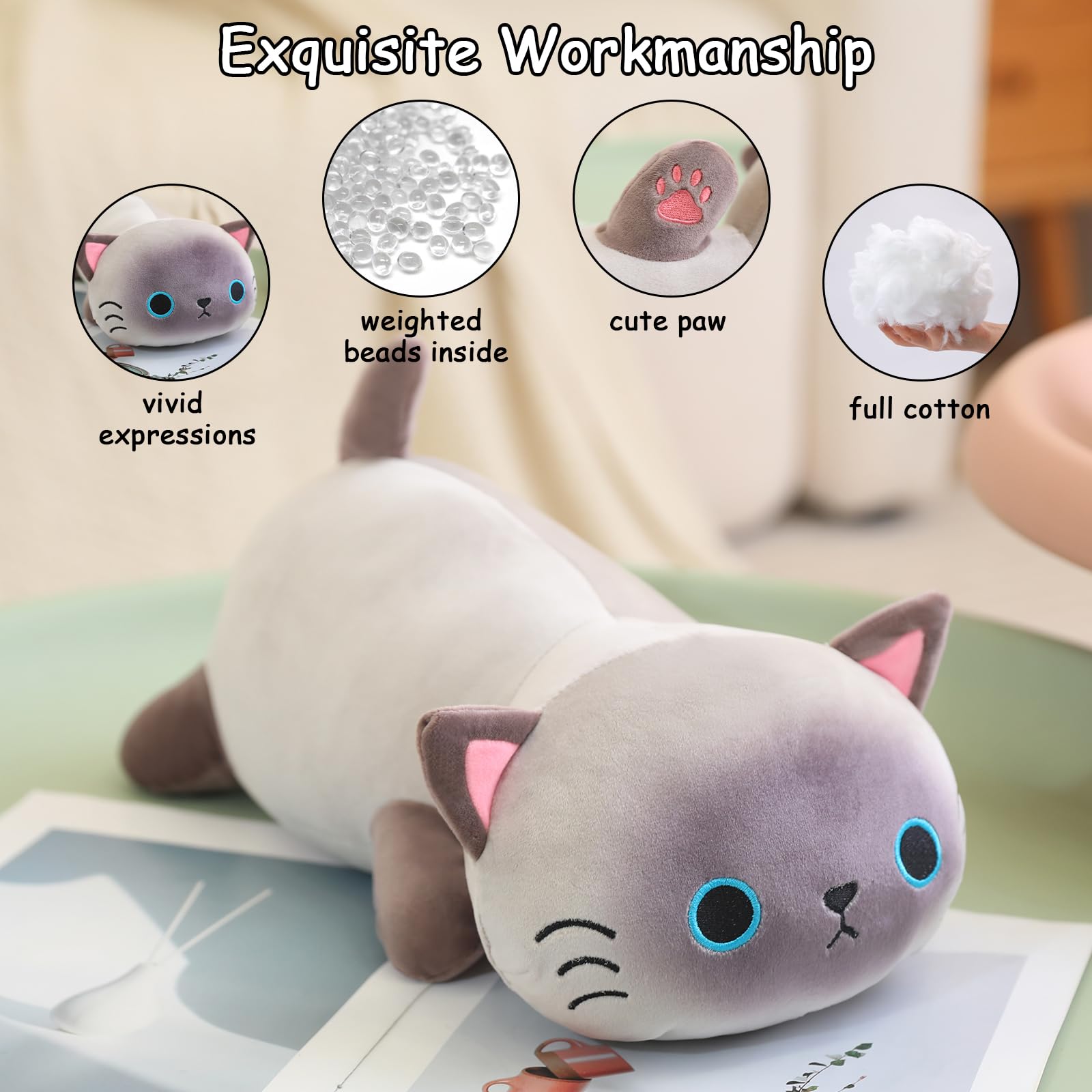 SQEQE weighted Siamese cat plush in a kid's bed for bedtime comfort