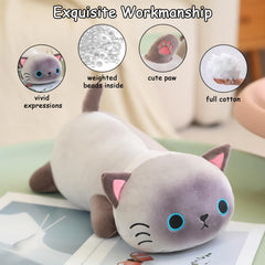 SQEQE weighted Siamese cat plush in a kid's bed for bedtime comfort