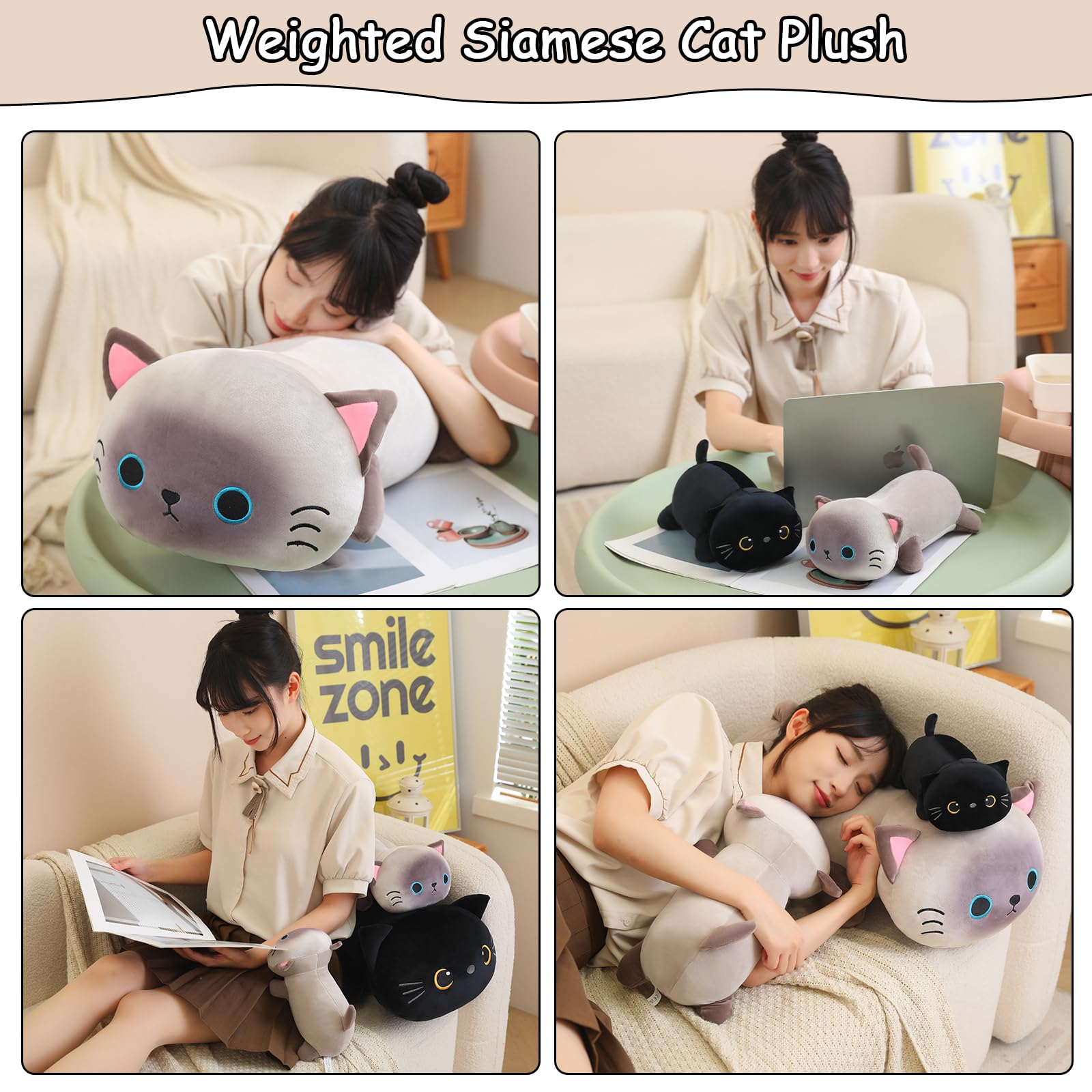 SQEQE weighted Siamese cat plush on a desk as a study companion