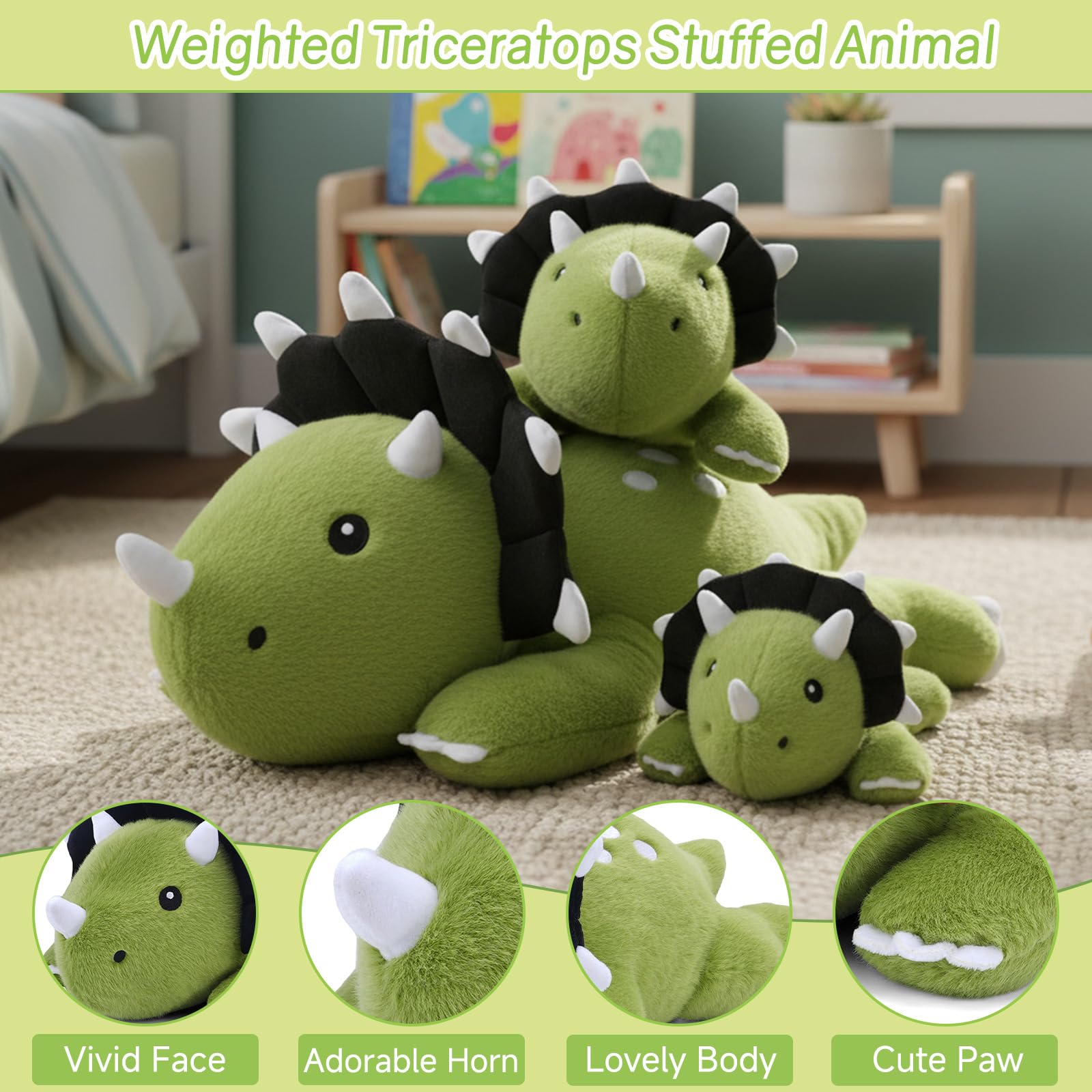 SQEQE weighted triceratops plush three horns detail for playful decor.