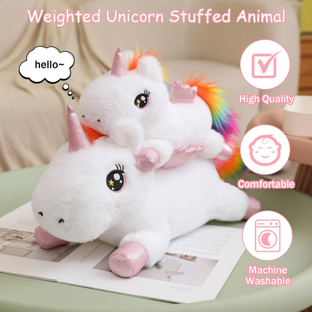 SQEQE weighted unicorn plush in 13.8-inch size for larger hugs.