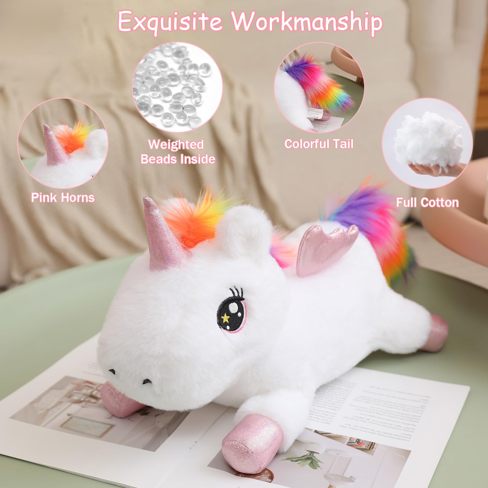 SQEQE weighted unicorn plush in 23.6-inch size as a cozy centerpiece.