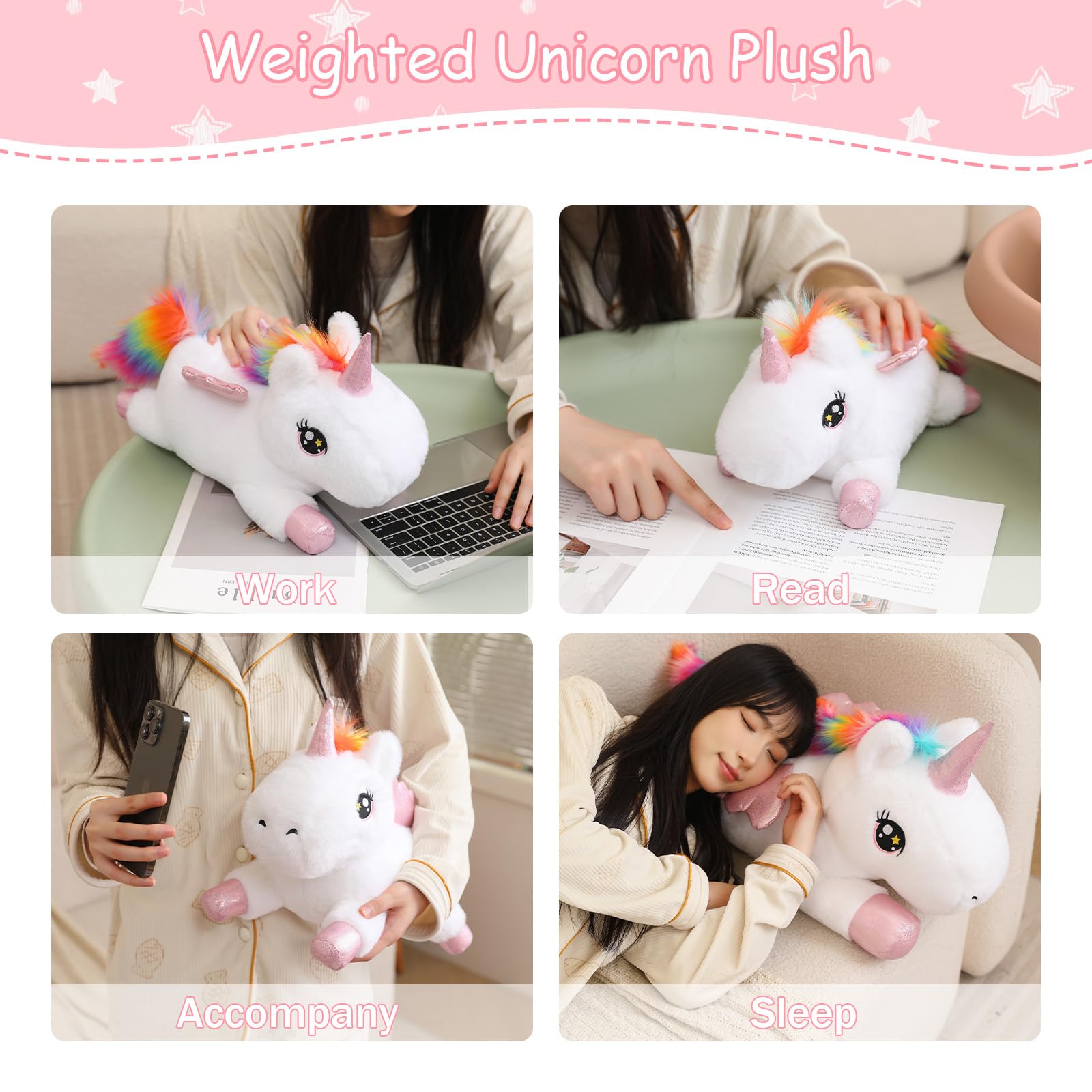 SQEQE weighted unicorn plush soft fabric for gentle touch.