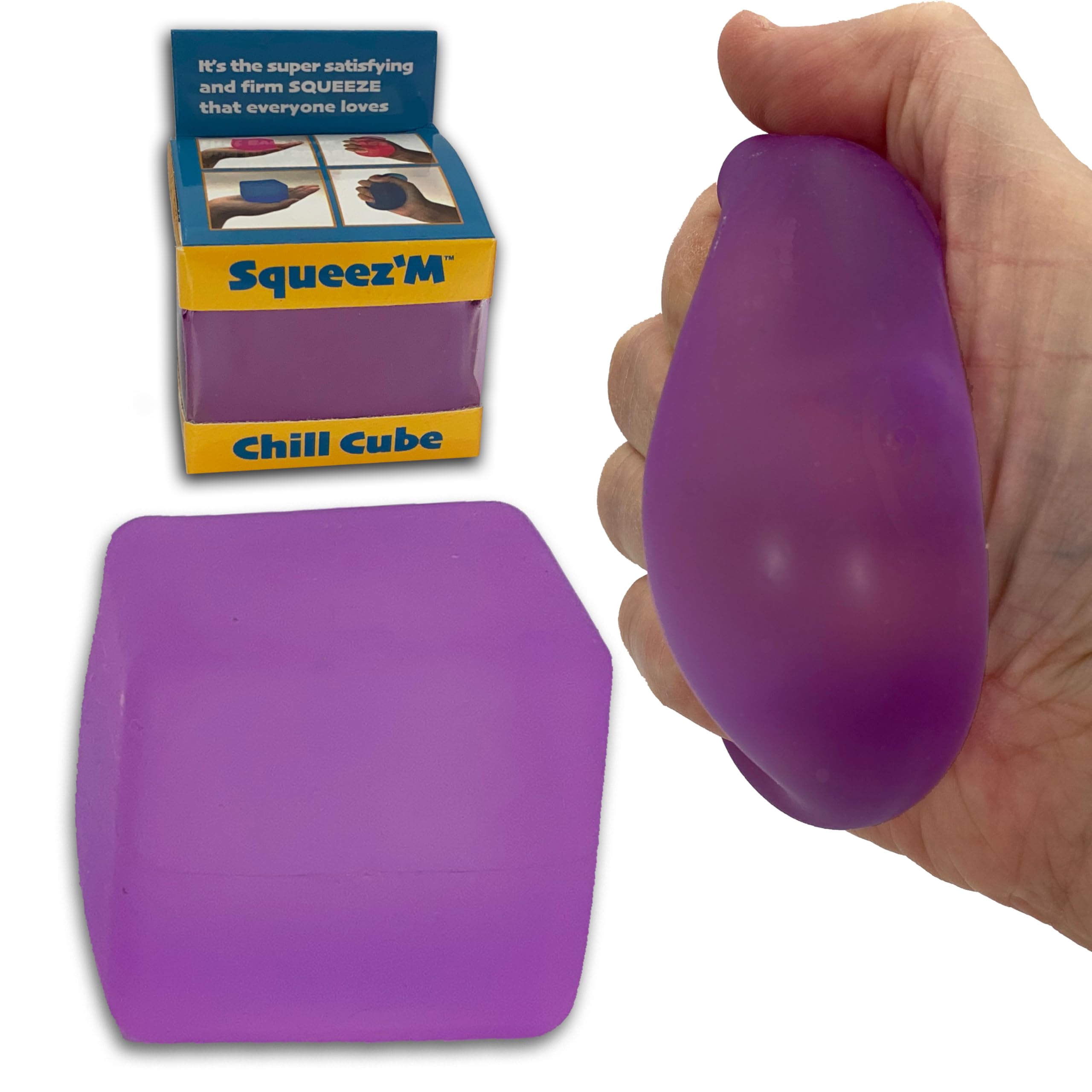 Squeez'M Chill Cube purple front view for quiet desk focus during meetings.