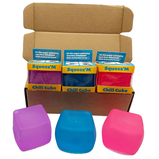 Squeez'M Chill Cubes blue close-up showing velvety texture for stress relief