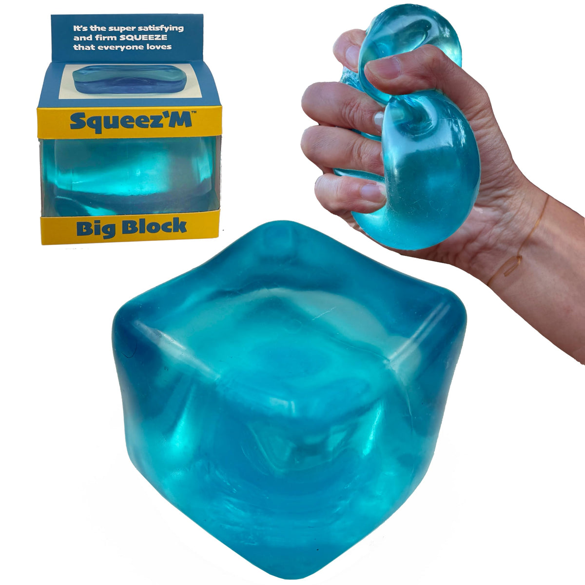 Squeez'M Premium Big Block Cube front view with vibrant colors for focused play and stress relief.