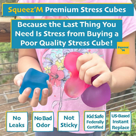Squeez'M Premium Chill Cube blue held in hand for on-the-go focus and calm.