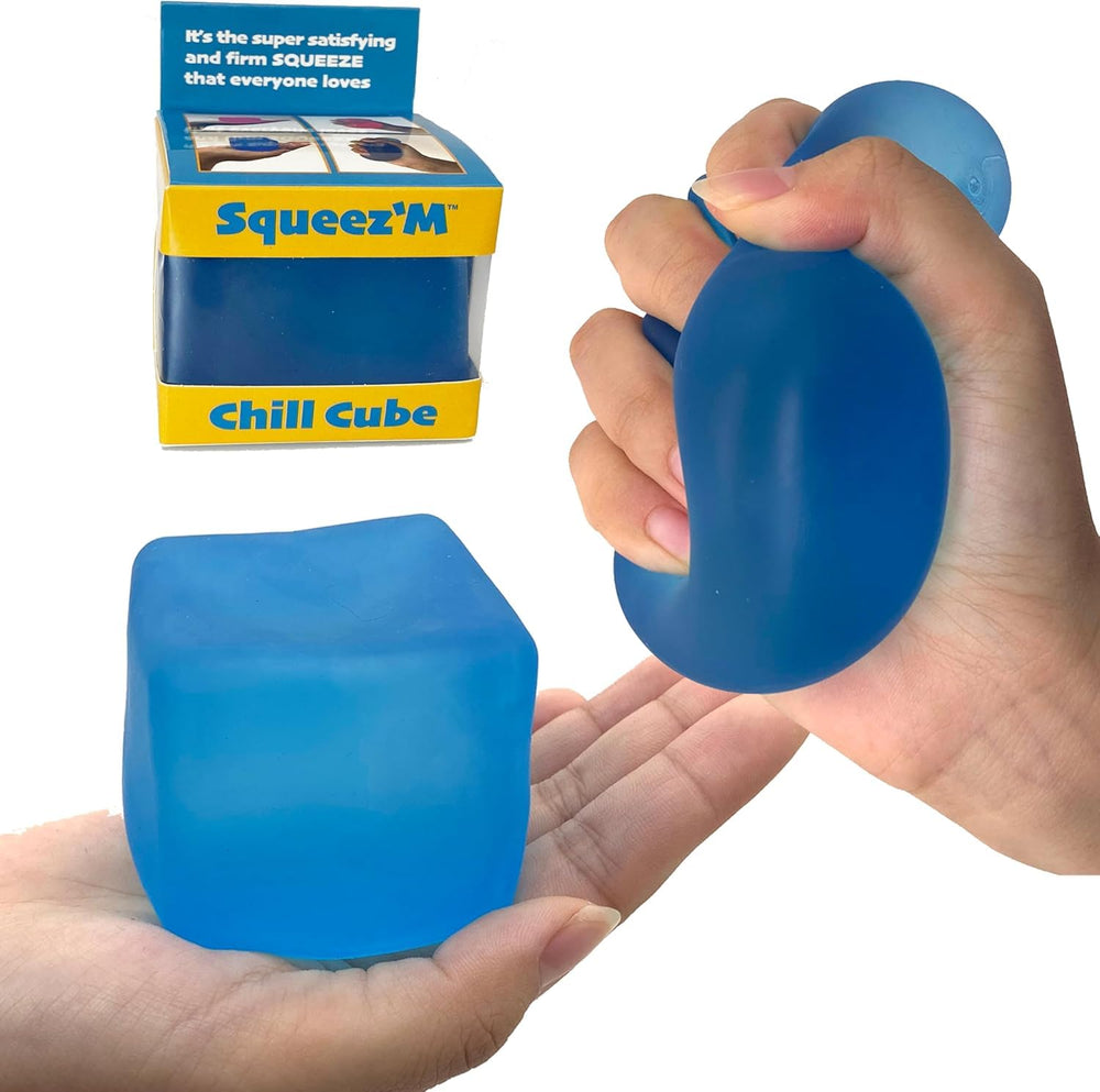 Squeez'M Premium Chill Cube blue side view, a calming sensory tool for focus.