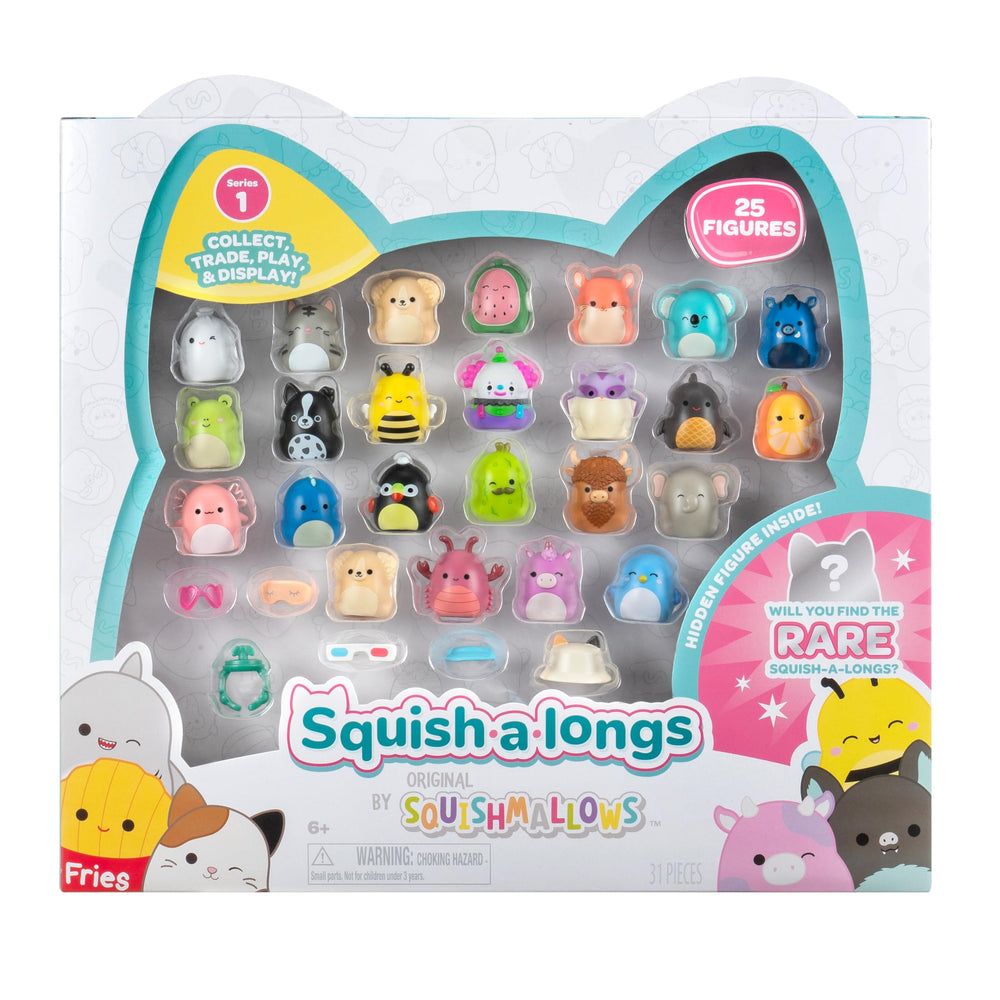 Squish-a-longs 25-pack Series 1 front view with collectible mini-squish set for display and collection