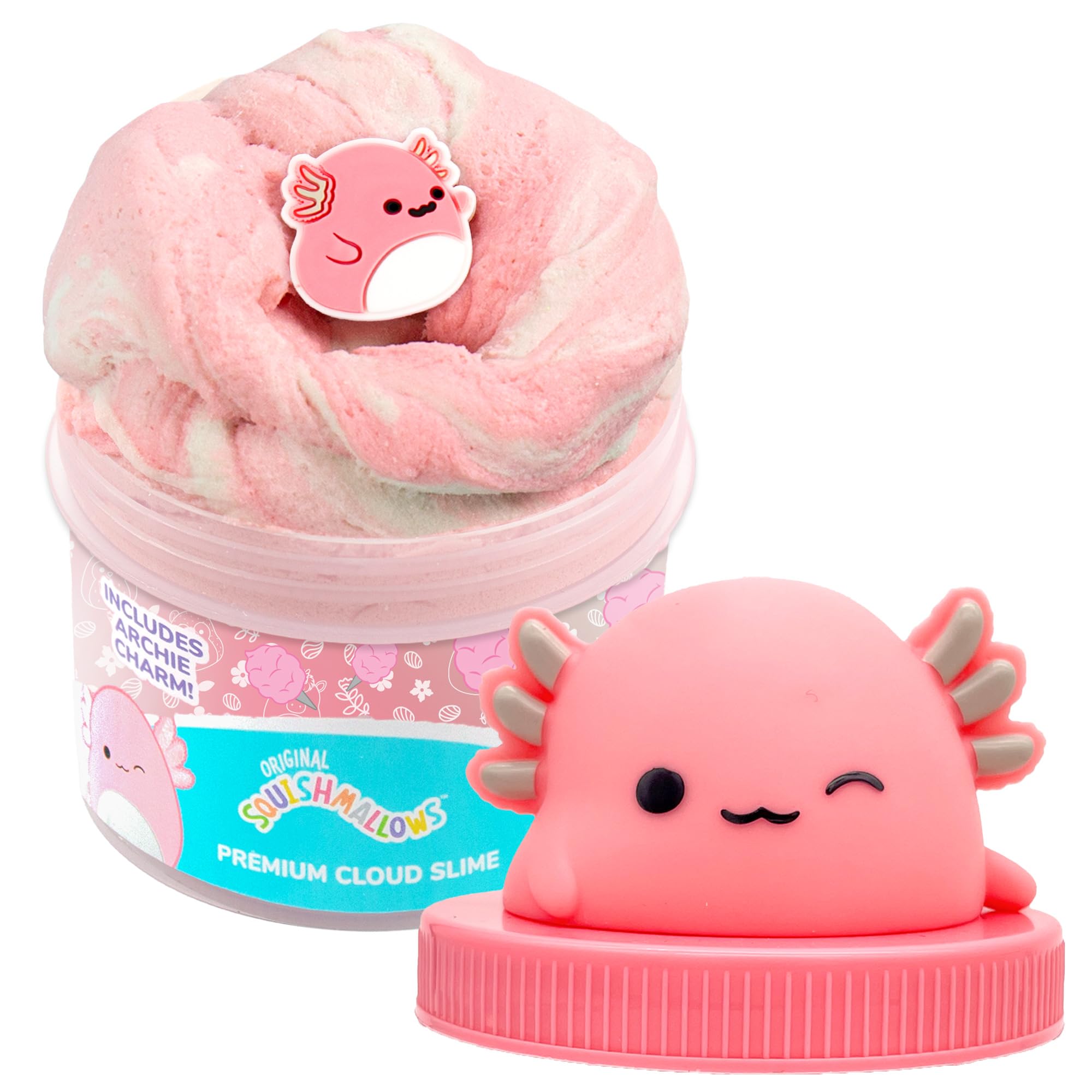 Squishmallows Archie the Axolotl resealable jar showing playful packaging and easy storage