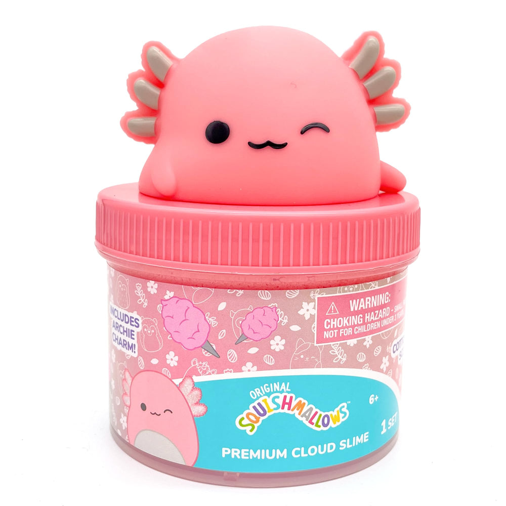 Squishmallows Archie jar opened revealing two-toned cotton candy scented slime for instant play