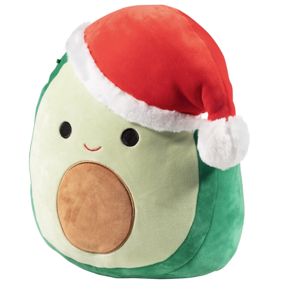 Squishmallows Austin Avocado Santa 12in face detail with festive charm.