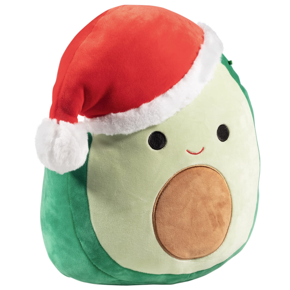 Squishmallows Austin Avocado Santa 12in hug close-up highlighting soft plush.