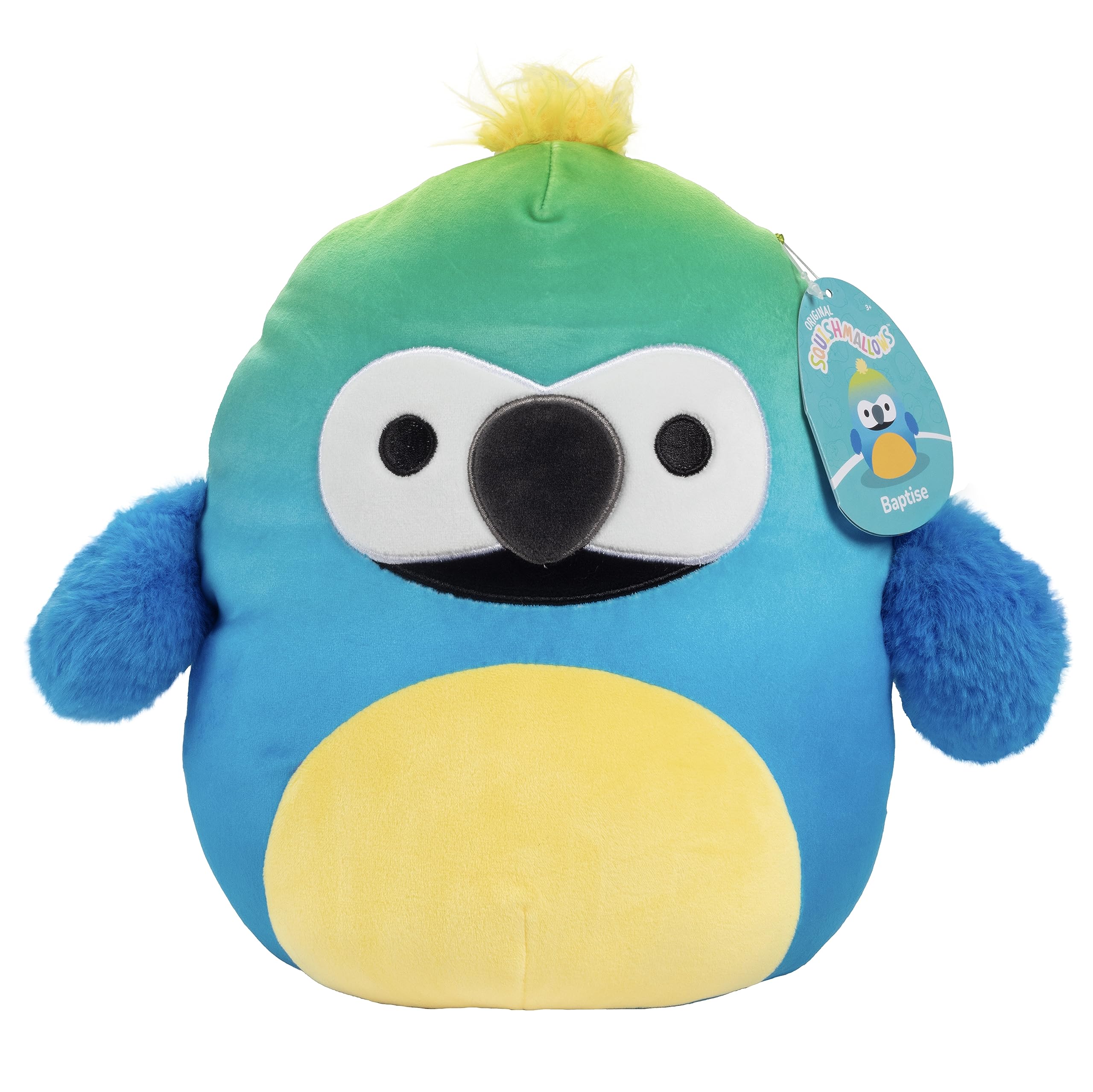 Squishmallows Baptise the Macaw 10-inch plush offers soft hugs for bedtime routine and travel.