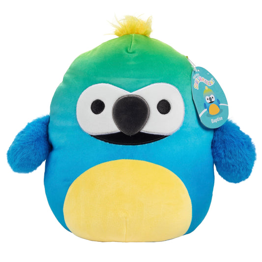Squishmallows Baptise the Macaw 10-inch plush offers soft hugs for bedtime routine and travel.