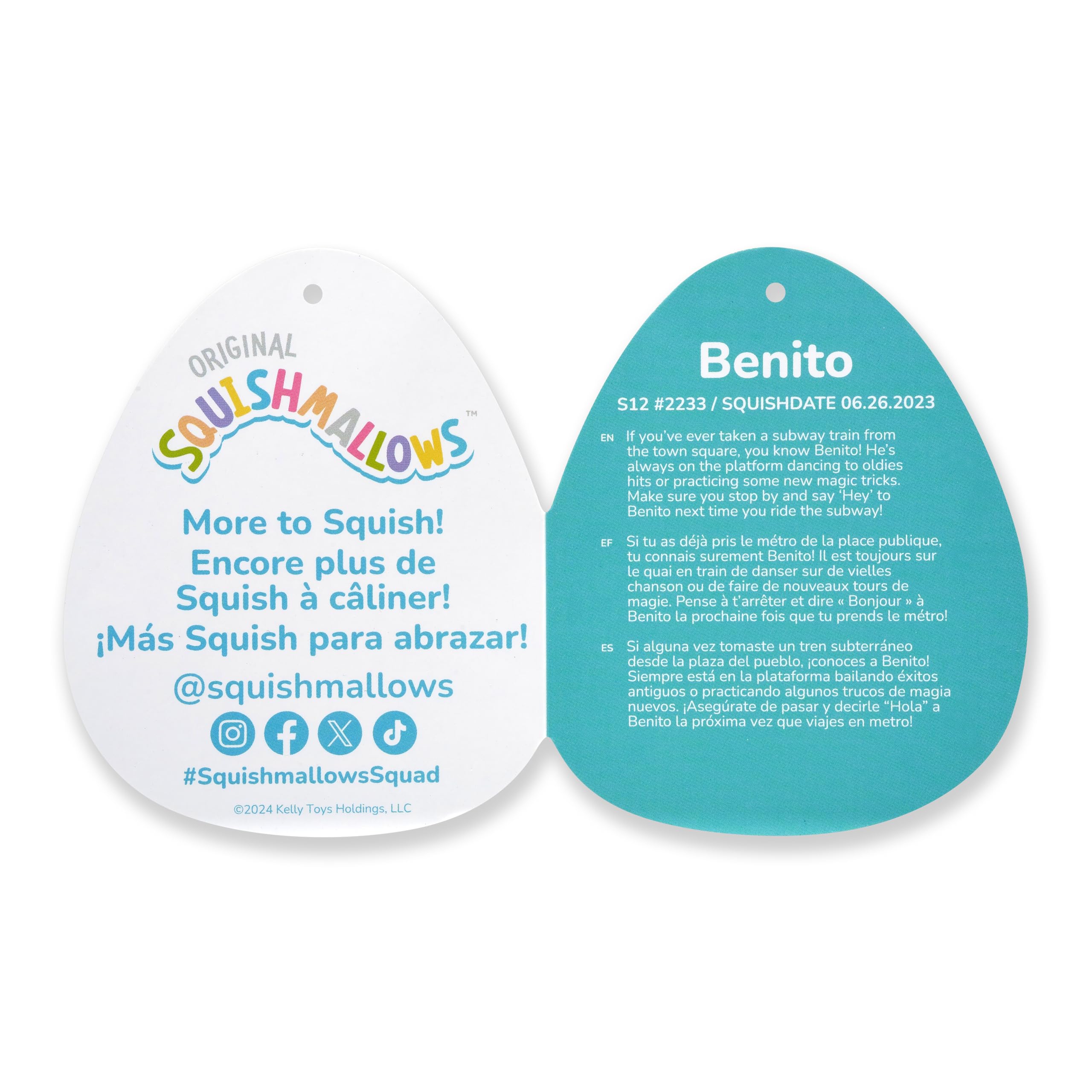 Squishmallows Benito packaging shot confirms official Jazwares branding and authenticity.