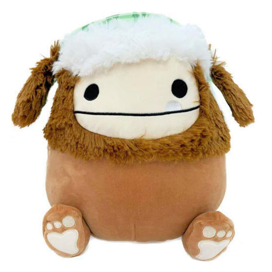 Squishmallows Benny the Bigfoot in a trapper hat, cozy cuddle buddy for kids.