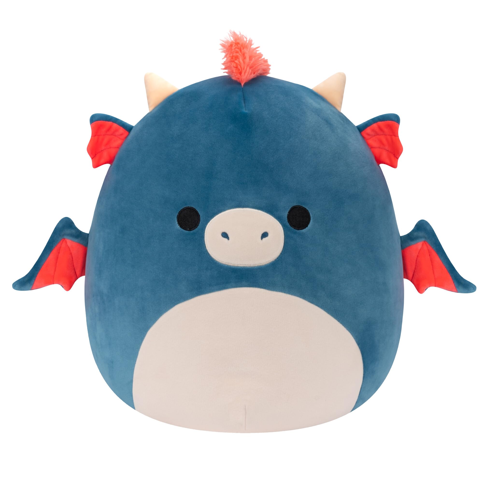 Squishmallows Carin blue dragon with orange mane, front view, cuddly 14-inch plush.