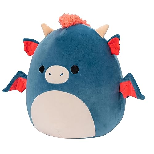 Squishmallows Carin blue dragon, orange mane, side pose highlighting soft texture.