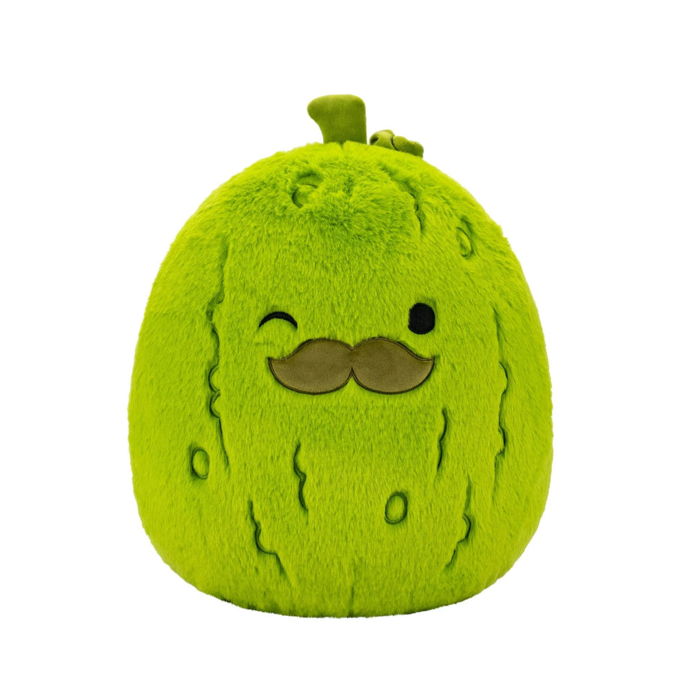 Squishmallows Charles the Green Pickle plush with mustache offers ultra-soft comfort for cuddles and travel.