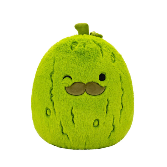 Squishmallows Charles the Green Pickle plush with mustache offers ultra-soft comfort for cuddles and travel.