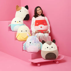 Squishmallows Derpy on a bed promoting cozy bedtime companion use