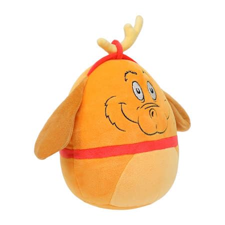 Squishmallows Grinch Max dog snuggle face close-up, ideal travel companion and comfort friend