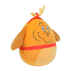 Squishmallows Grinch Max dog snuggle face close-up, ideal travel companion and comfort friend