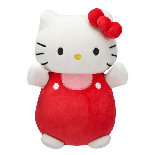 Squishmallows Hello Kitty overalls 10-inch plush for cozy hugs on the go.