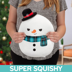 Squishmallows Ignacio snowman cuddle plush demonstrates squishy softness ideal for travel or sleepovers.