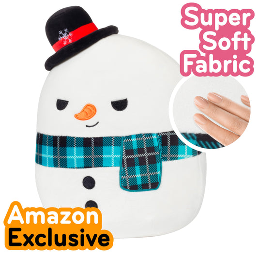 Squishmallows Ignacio Christmas Snowman on shelf shows holiday charm and kid-friendly comfort.