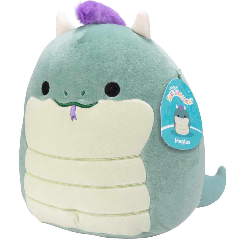Squishmallows Magtus dragon face close-up showing ultra-soft plush for cuddling.