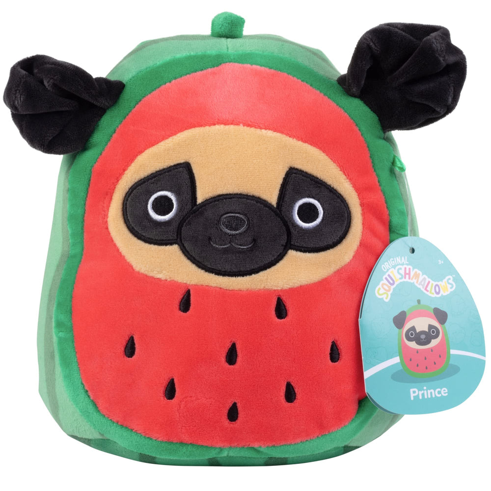 Squishmallows Prince Watermelon Pug 8inch plush, ultra-soft for cuddling and comforting kids.