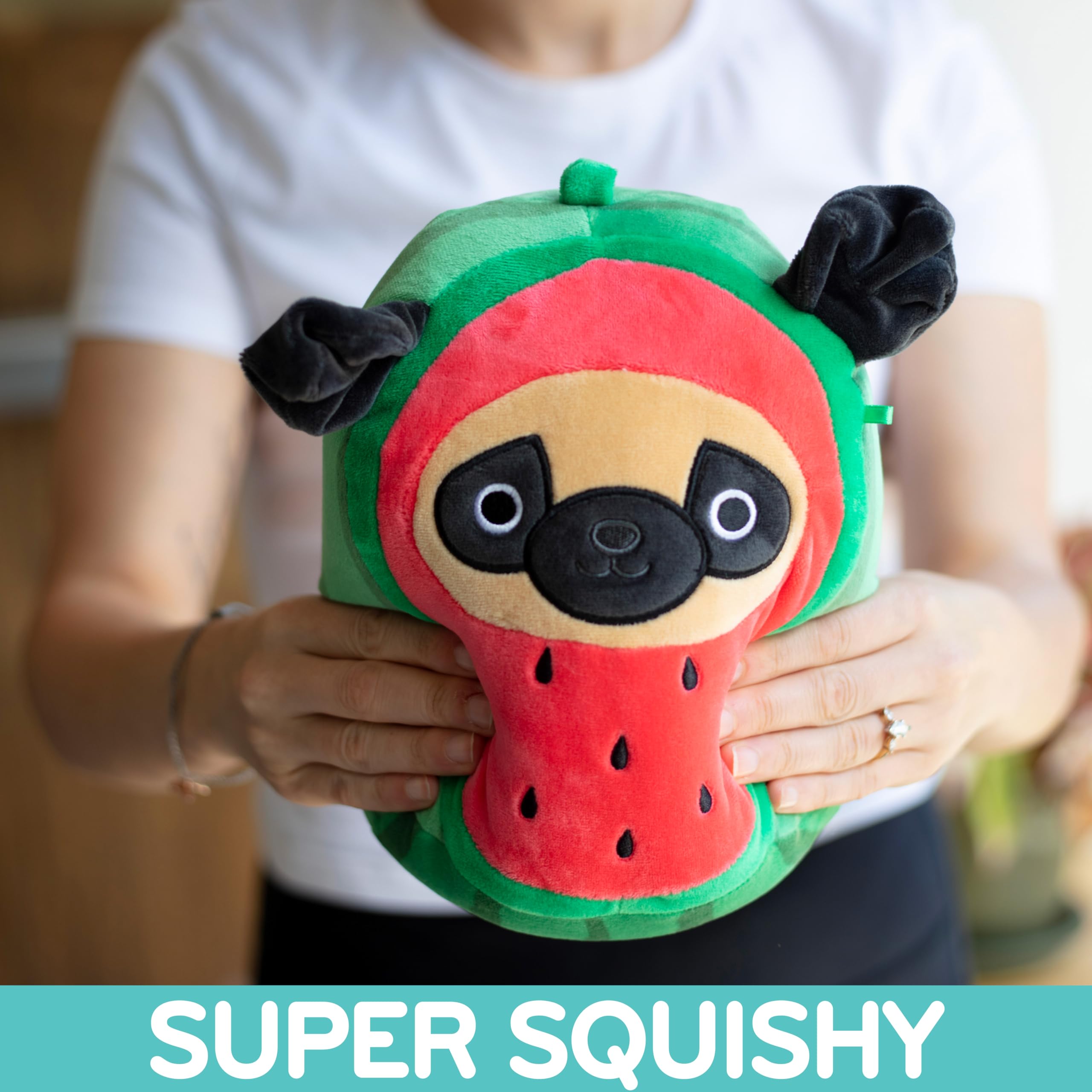 Squishmallows Prince Watermelon Pug soft texture highlights premium materials for gentle hugs.