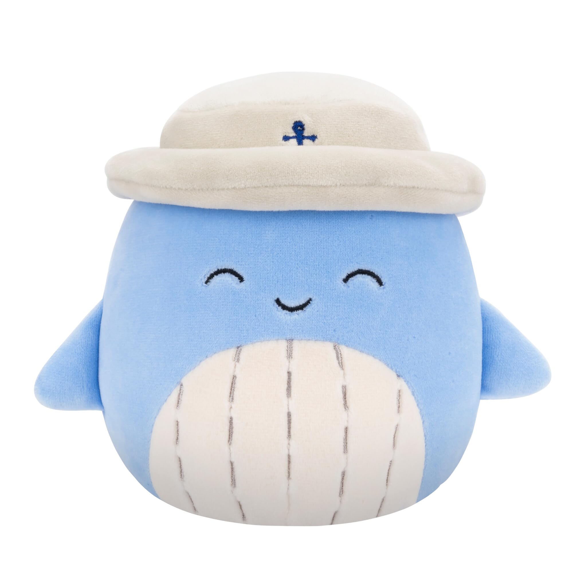 Squishmallows Samir blue whale with tan bucket hat for cozy play.