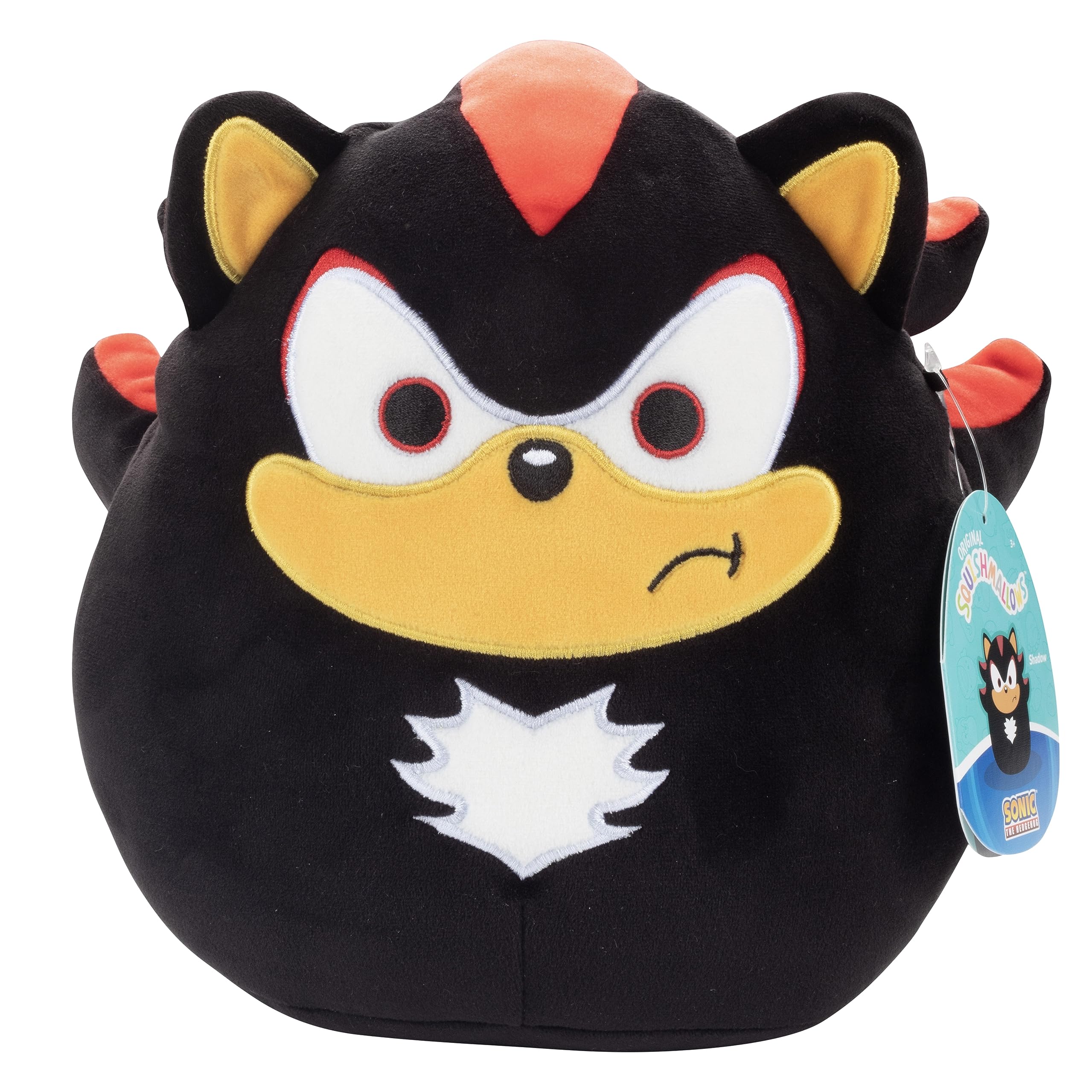 Squishmallows Shadow Hedgehog front view shows soft, squishy Sonic plush for play.