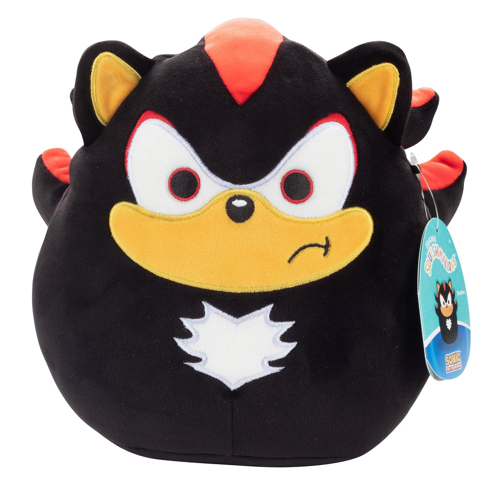 Squishmallows Shadow Hedgehog front view shows soft, squishy Sonic plush for play.