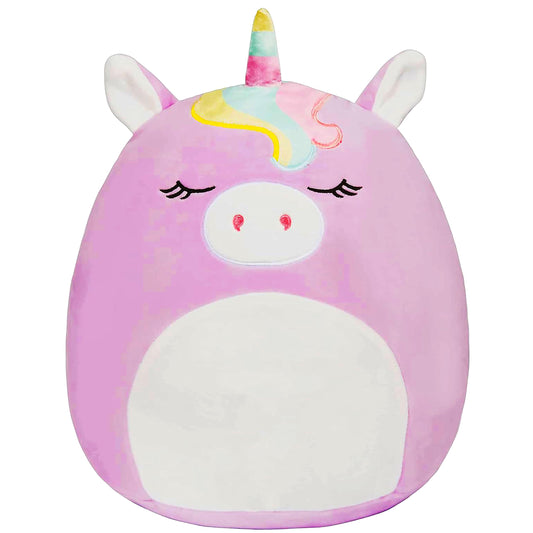 Squishmallows Sylvia purple unicorn face close-up for detailed, collectible charm.