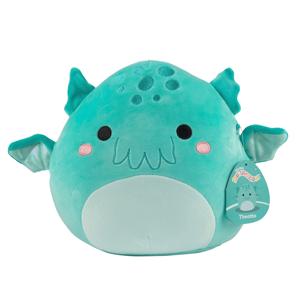 Squishmallows Theotto Cthulhu plush face close-up; ultra-soft fabric for cozy hugs.