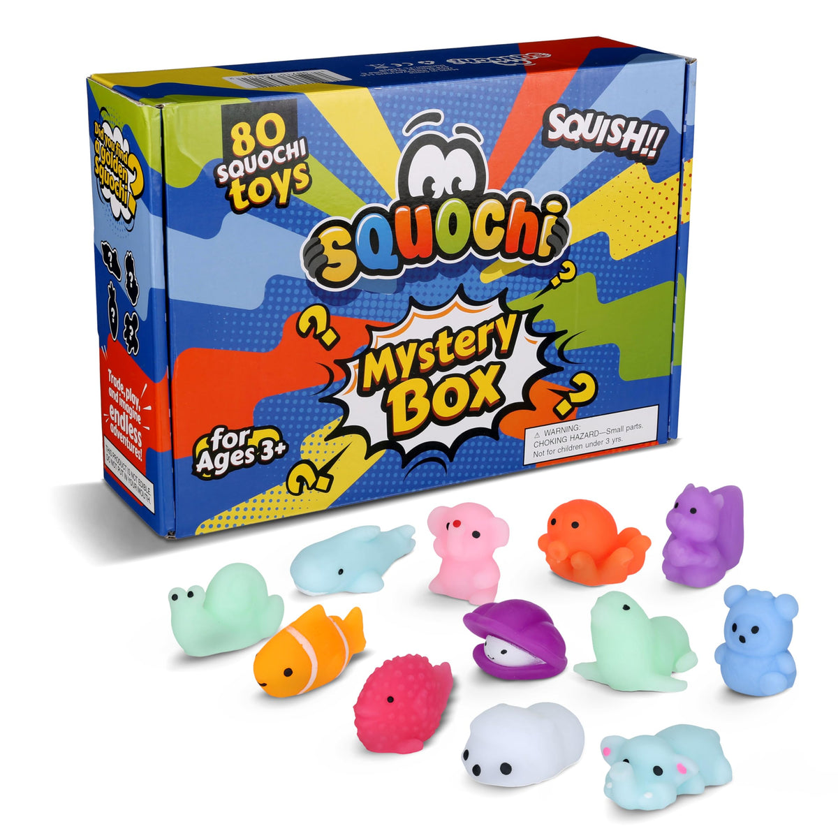 Squochi Mystery Pack 80mochi squishies in blind bags for unboxing fun.