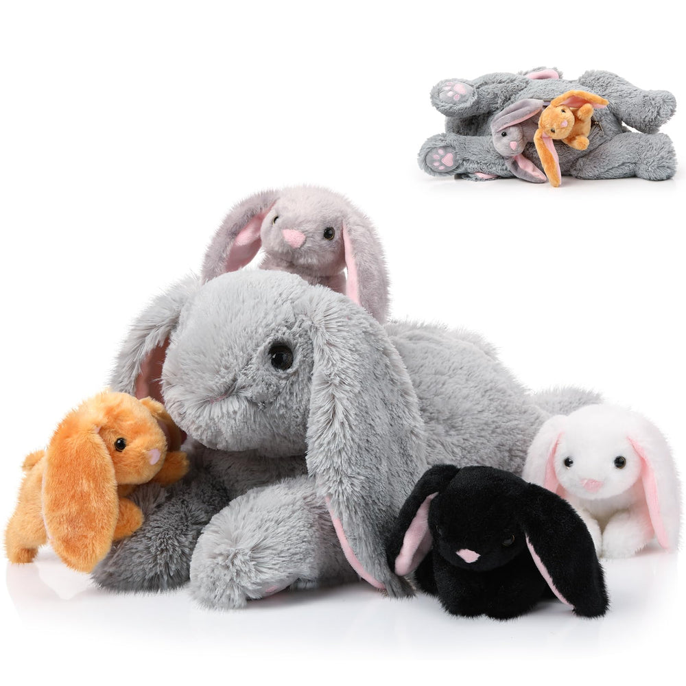 Sratte mommy bunny plush with back opening revealing baby bunnies for imaginative play.