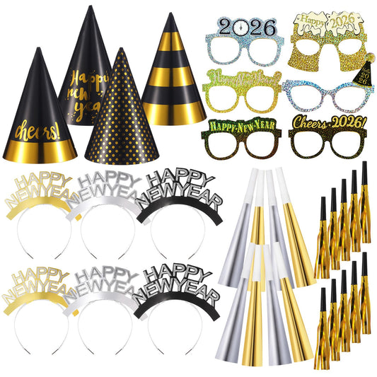 Sratte gold-black party hats displayed for New Year’s Eve celebration