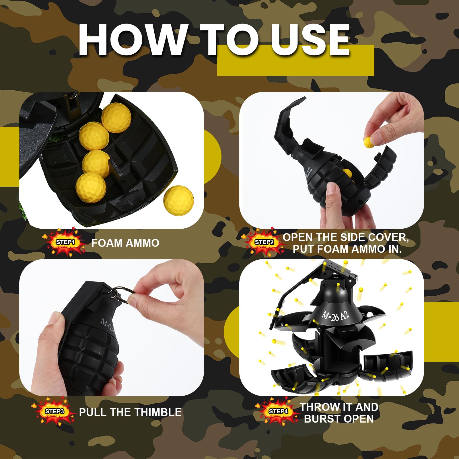 Sratte toy grenade back cover removal demonstrates easy setup and quick reset
